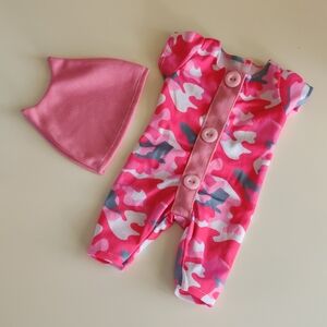 Doll Clothes 14 - 16 Inch | Pink Camouflage Baby Romper with Hat